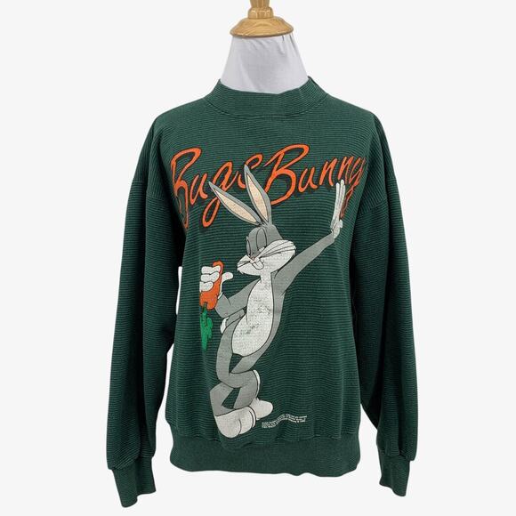 Vintage Bugs Bunny Sweater Womens M Medium Green Fleece Lined Striped Made USA - Picture 1 of 12